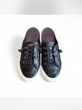 Sperry Women’s Size 7 Black Leather Boat Shoe Slip-Ons with White Sole
